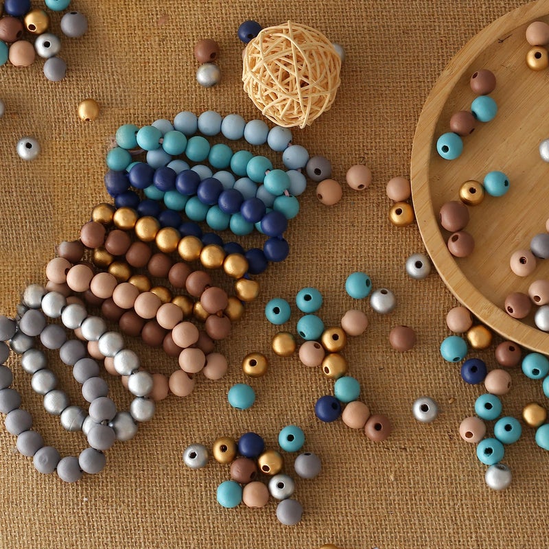 HERZWILD 500Pcs Colored Wooden Beads Round Blue Wooden Beads Colorful Natural Wooden Beads Gold Festival Wooden Beads Farmhouse Wooden Beads for DIY Crafts Easter Party Festival Decoration(1cm) - Image 3